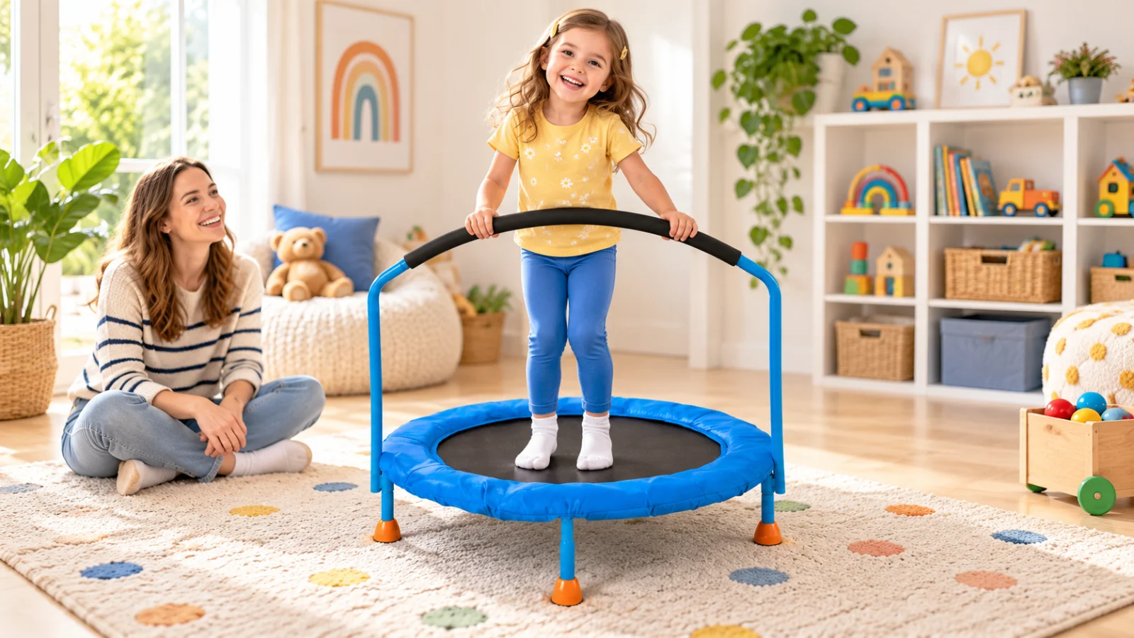 AI editorial scene of a child playing with the Little Tikes 3-Foot Trampoline