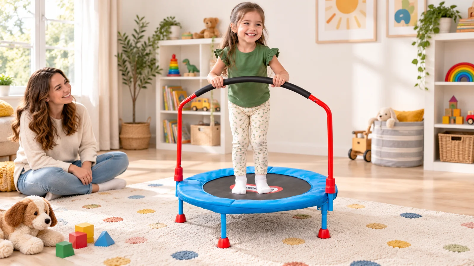 AI editorial scene of a child playing with the Little Tikes Easy Store 3ft Trampoline