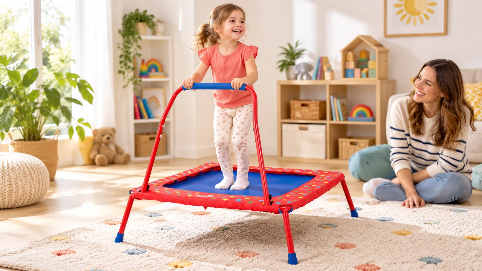 AI editorial scene of a child playing with the Galt Folding Trampoline