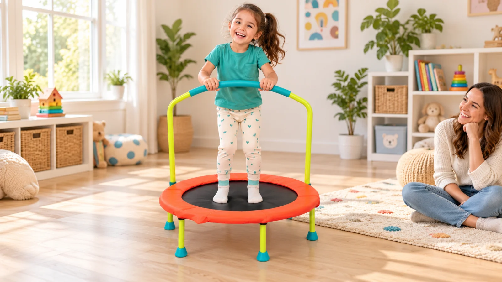 AI editorial scene of a child playing with the Fisher-Price WonderJump 36-Inch Trampoline
