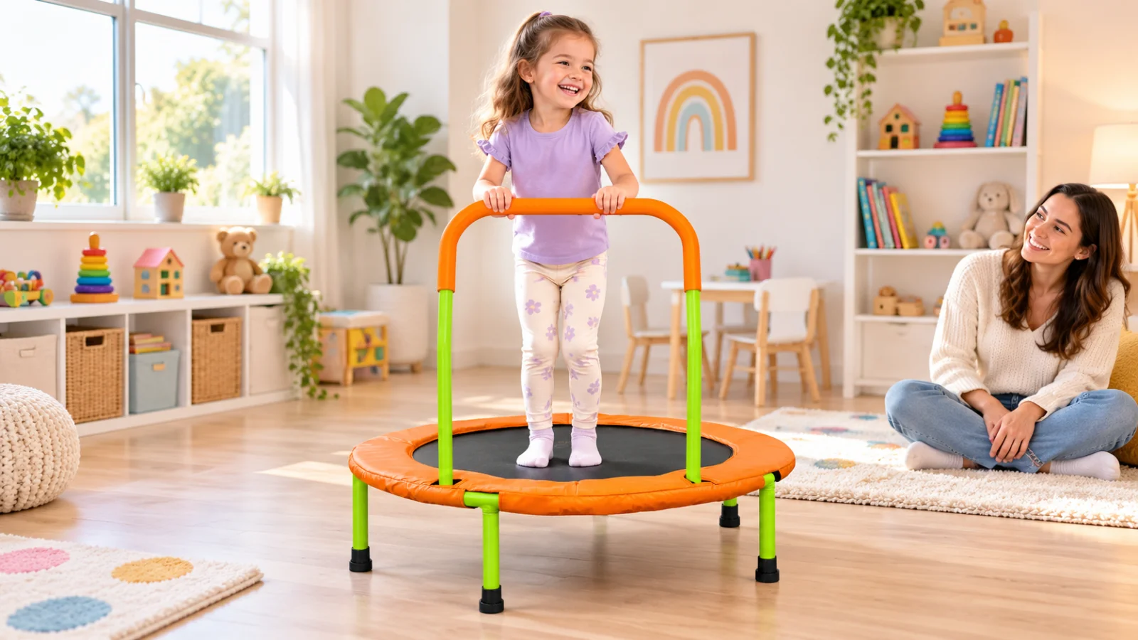 AI editorial scene of a child playing with the ATIVAFIT 36-Inch Mini Trampoline