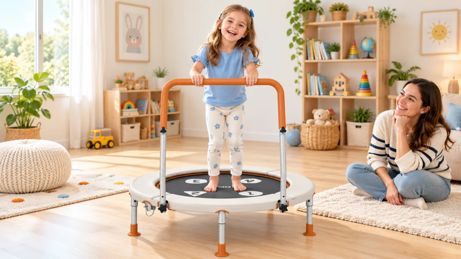 AI editorial scene of a child playing with the BCAN BT1 36-Inch Trampoline