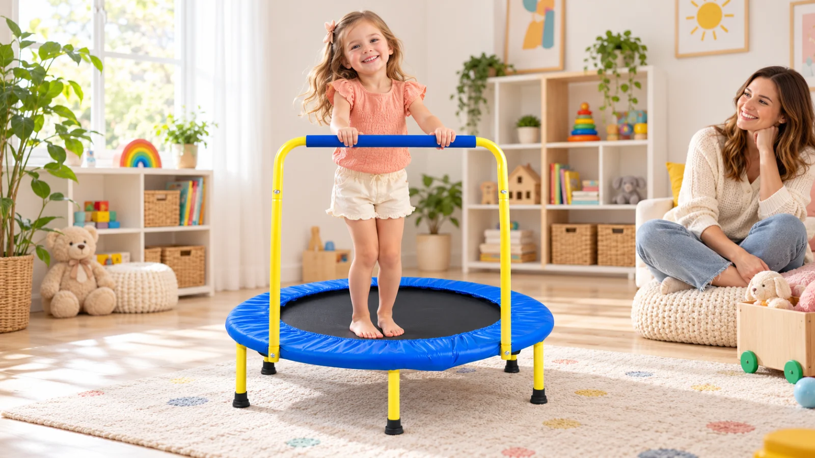AI editorial scene of a child playing with the VEVOR 3FT Foldable Trampoline