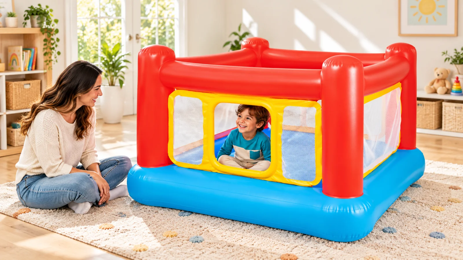 AI editorial scene of a child playing with the Intex Jump-O-Lene Inflatable Bouncer Play House